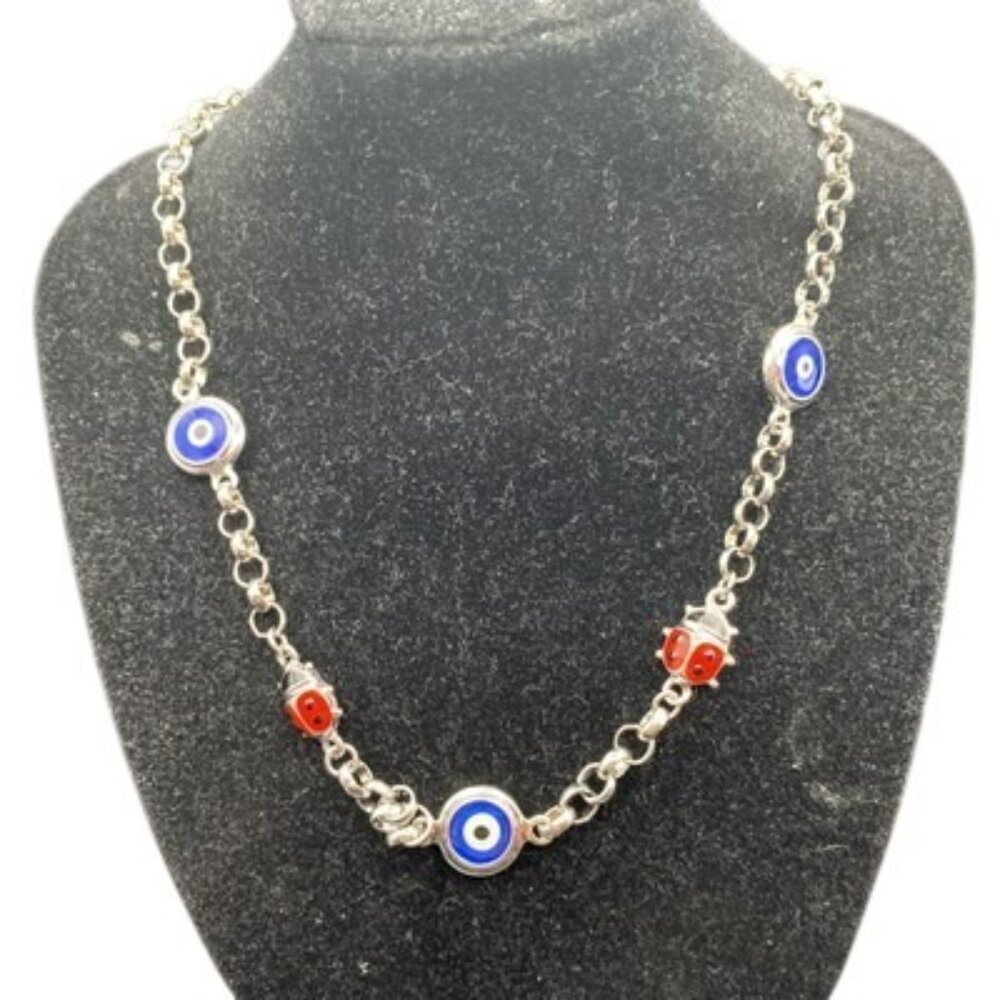 NWT Da Vinci You & I Earring Set Blue Evil Eye Red Ladybug Necklace Silver Tone - Picture 3 of 6